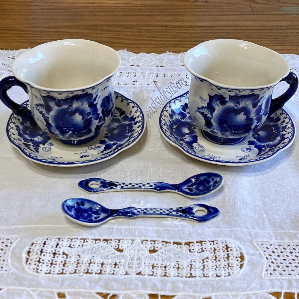 Vtg GZHEL Hand Painted Tea or Coffee Set Russian Soviet Porcelain